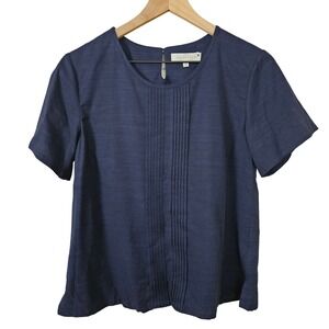 Braintree‎ Pintuck Tencel Blouse Short Sleeve Sz M Navy Blue Shirt Top